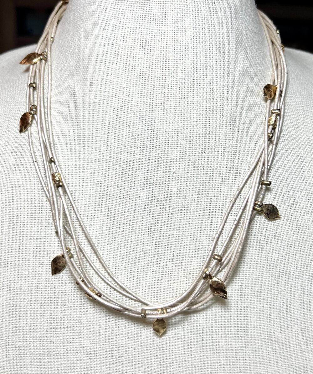 Vintage Sea Smadar Multi Leather Strand Leaf Charm Necklace Signed